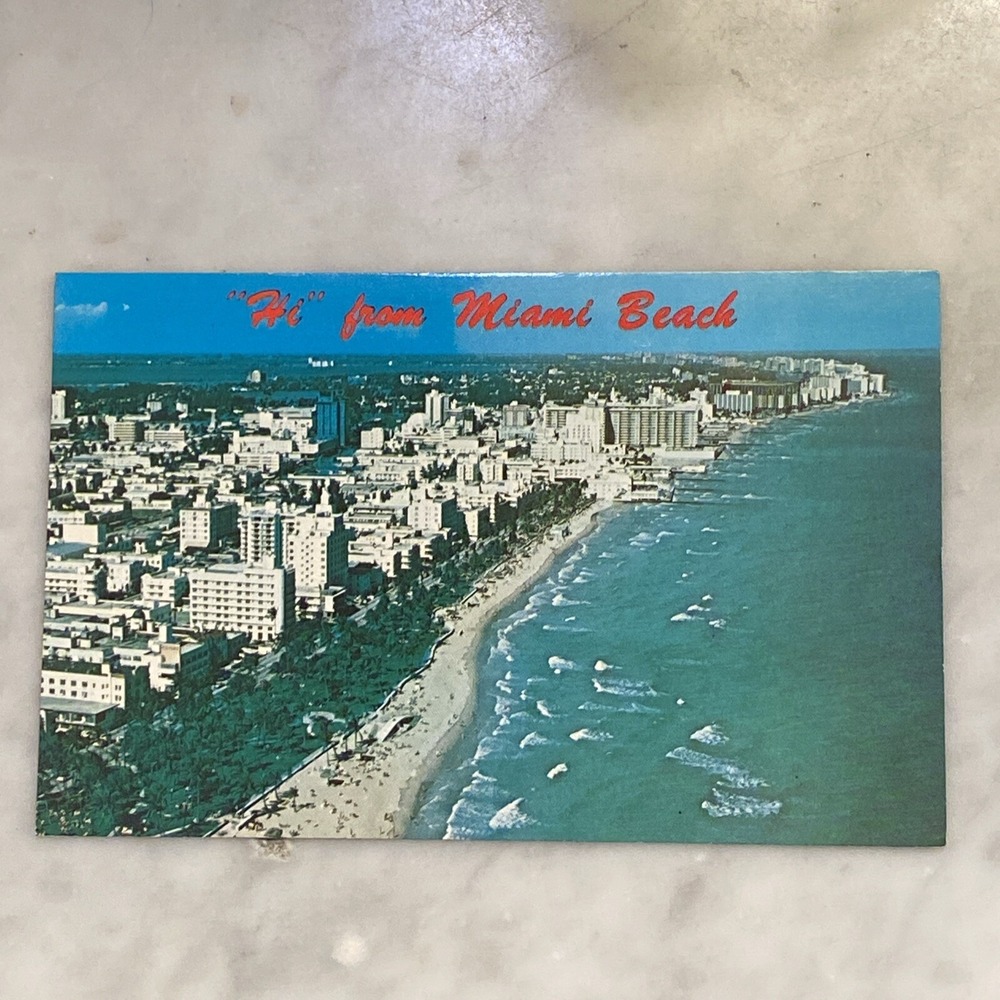 Vtg Hi‎ From Miami Beach, Florida Postcard Aerial View Hotels Ocean Unposted 70s